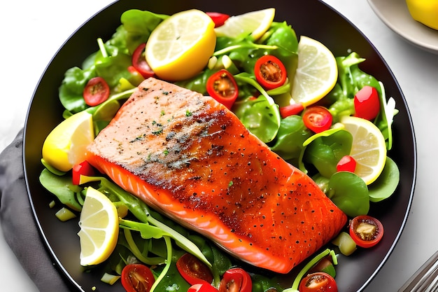 Delicioso bistec de salmón recién cocinado con ensalada de patata al limón