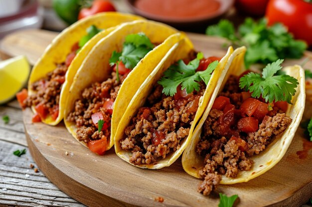 Foto delicioso bocadillo auténtico en forma de tacos mexicanos con relleno de verduras y carne