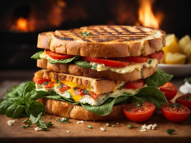 Delicioso bocadillo de focaccia a la parrilla con corteza crujiente y aroma salado de pan a la grilla mezclado con queso