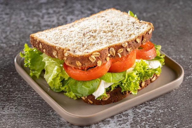 Delicioso bocadillo natural con lechuga tomate rúcula y queso blanco