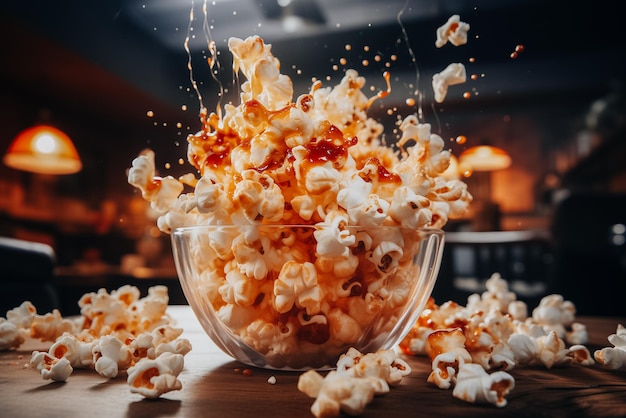 Foto delicioso bocadillo de palomitas de maíz con caramelo para ver una película