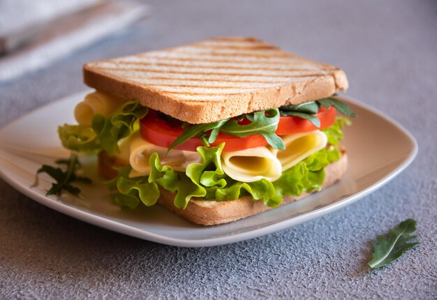 Delicioso bocadillo con pan tostado lechuga queso y tomates Merienda casera saludable