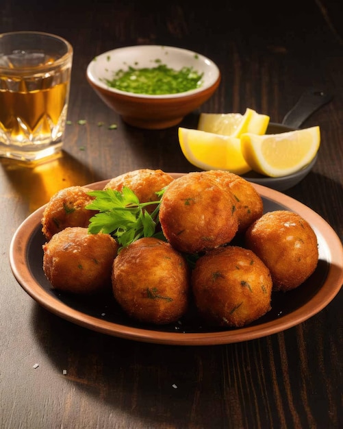 Delicioso Bolinho de Bacalhau prato de comida brasileira com fundo de estúdio escuro