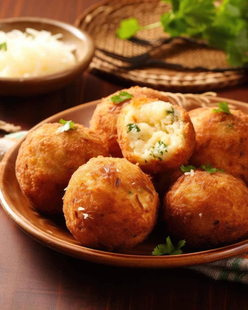 Foto delicioso bolinho de bacalhau prato de comida brasileira com fundo de estúdio escuro