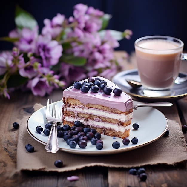 Delicioso bolo com café de mirtilos