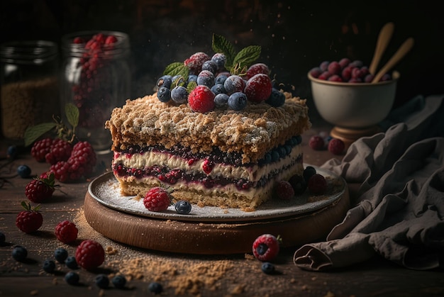 delicioso bolo com cobertura de frutas vermelhas, camadas e cobertura de migalhas