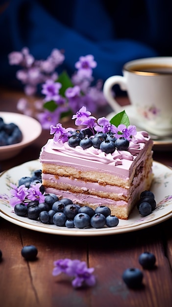 Delicioso bolo com flores de mirtilos e café