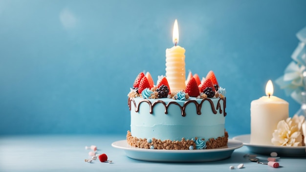 Delicioso bolo de aniversário com vela em fundo azul Pano de fundo com espaço de cópia