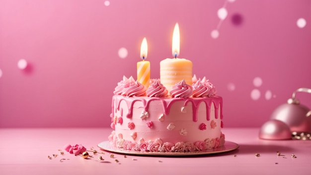 Delicioso bolo de aniversário com vela em fundo rosa pano de fundo com espaço de cópia