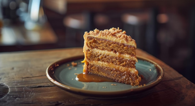 Delicioso bolo de caramelo em camadas em um prato rústico