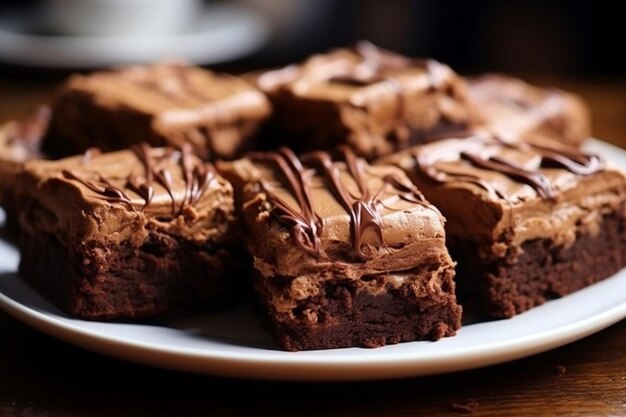 Delicioso bolo de chocolate brownie em prato padaria caseira perto de pedaços de bolo com