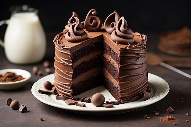 Foto delicioso bolo de chocolate caseiro decorado com cachos de chocolate cortados em forma de triângulo