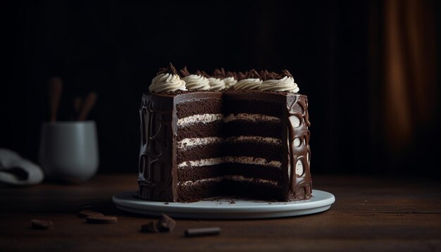 Delicioso bolo de chocolate caseiro em mesa de madeira rústica gerado por inteligência artificial