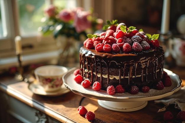 Delicioso bolo de chocolate com framboesas frescas nas sobremesas da forma de bolo