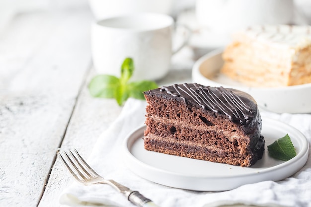 Delicioso bolo de chocolate de Praga no prato sobre fundo branco