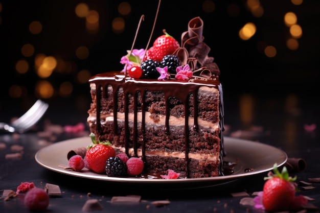 Delicioso bolo de chocolate decorado com frutas frescas em fundo escuro Ilustração generativa de IA