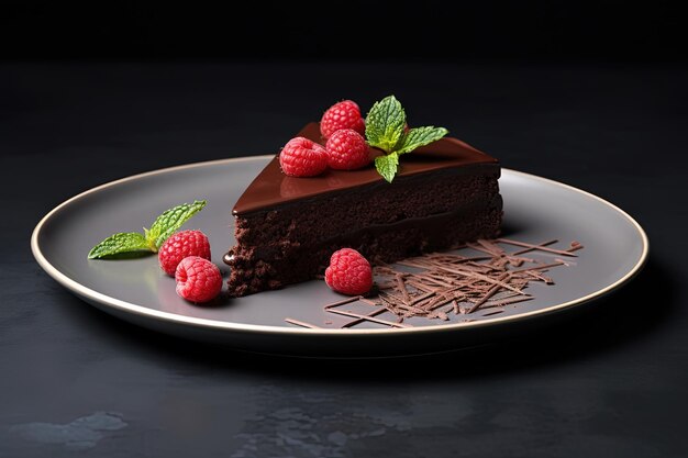 Delicioso bolo de chocolate em um prato preto contra um fundo cinzento