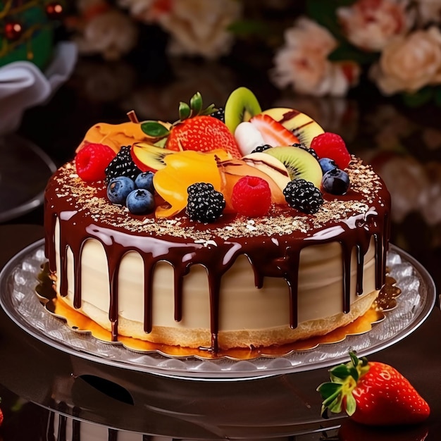 delicioso bolo de creme alto com chocolate e frutas
