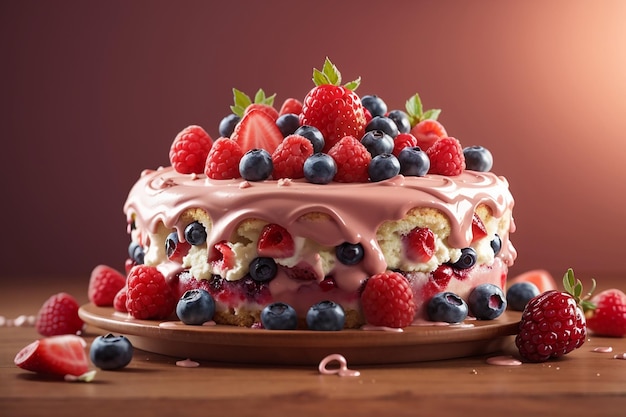 Delicioso bolo de creme de frutas vermelhas contra fundo marrom