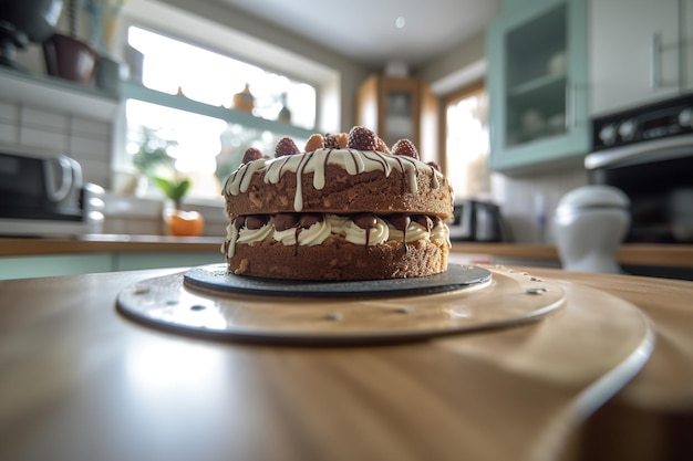 Delicioso bolo de duas camadas fica na mesa da cozinha generativa ai