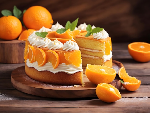 Delicioso bolo de laranja com fatias em uma mesa de madeira