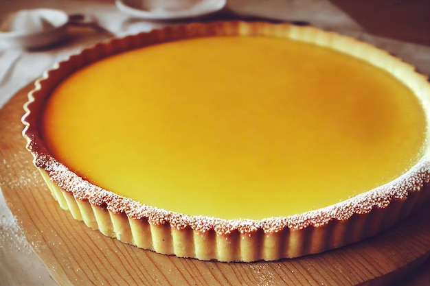 Delicioso bolo de limão azedo com mousse na tábua na mesa