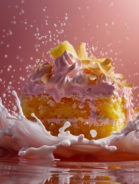 Foto delicioso bolo de limão com cobertura rosa salpicado de leite cremoso em superfície refletora contra um