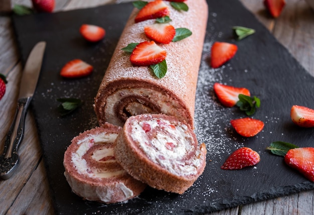 Foto delicioso bolo de morango com sobremesa assada caseira de creme branco