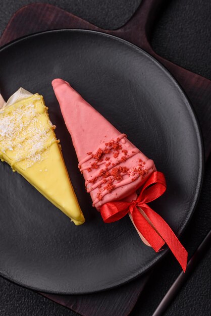 Delicioso bolo de queijo doce com frutas coberto com glasura com um bastão de madeira