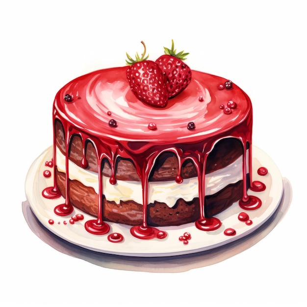 Delicioso bolo de veludo vermelho com esmalte de chocolate Ilustração em aquarela