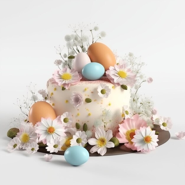 Delicioso bolo de vidro branco com ovos de Páscoa e flores de primavera ilustração 3D em fundo branco