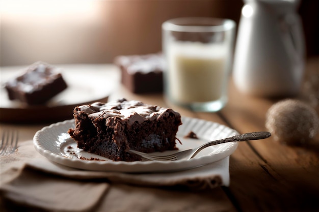 Foto delicioso brownie de chocolate casero en plato de cerámica blanca sobre mesa de madera rústica ai generado enfoque selectivo