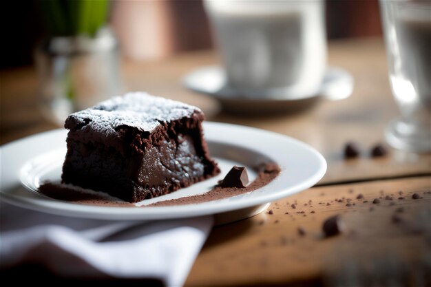 Delicioso brownie de chocolate casero en plato de cerámica blanca sobre mesa de madera rústica AI generado Enfoque selectivo