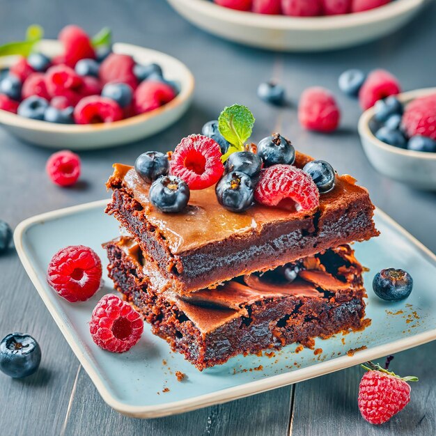 Delicioso brownie com frutas servido no prato