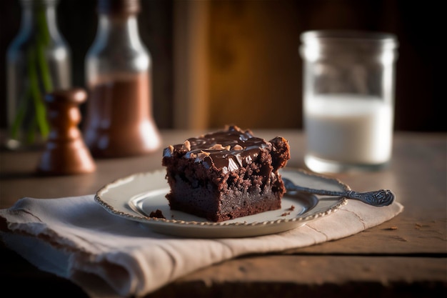 Delicioso brownie de chocolate caseiro em placa de cerâmica branca na mesa de madeira rústica IA gerada Foco seletivo