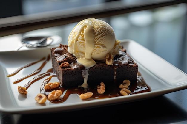 Delicioso brownie con helado de vainilla y jarabe de caramelo generativo IA