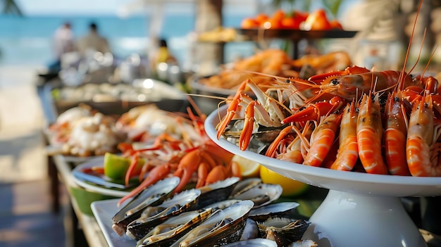 Foto un delicioso buffet de mariscos con langosta cangrejo camarón y mejillones la manera perfecta de disfrutar de un día de verano con amigos y familia