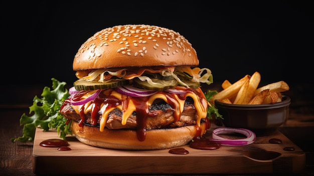 Delicioso Burger Delight Hambúrguer suculento queijo derretido e legumes crocantes em um pano de fundo escuro Geração de Ai perfeitamente satisfatória