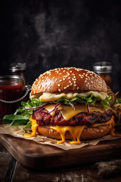 Delicioso Burger Delight Hambúrguer suculento queijo derretido e legumes crocantes em um pano de fundo escuro Geração de Ai perfeitamente satisfatória