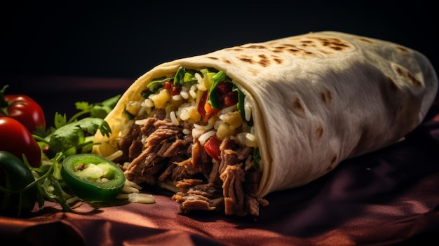 Delicioso burrito de carne a la parrilla con técnicas de fotografía profesionales