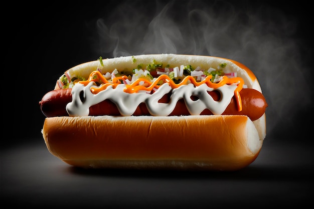 Delicioso cachorro-quente isolado em fundo preto AI gerado Fast food Comida de rua
