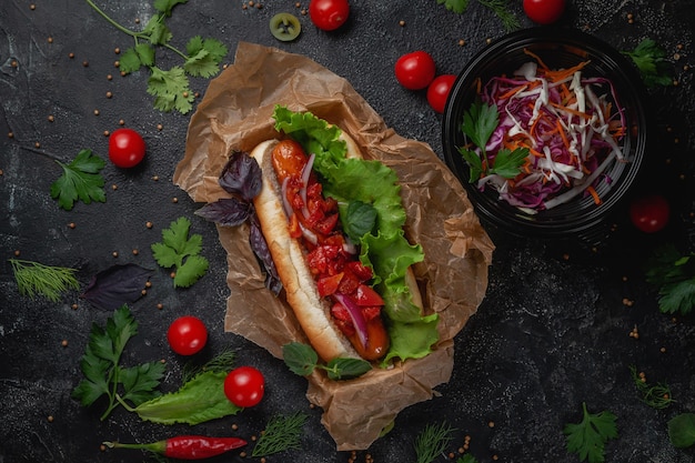 Delicioso cachorro-quente suculento com molho de queijo, tomate e ervas frescas em variedade, sanduíche no menu de um restaurante de fast food em uma mesa de pedra escura. Opção saudável de fast food.