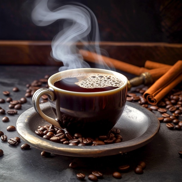 Delicioso café caliente en una taza oscura con humo sobre una mesa de madera oscura