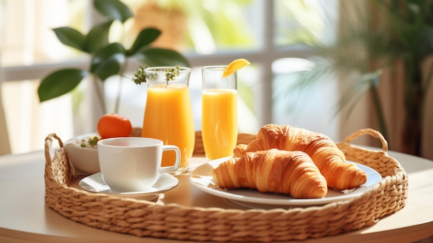 delicioso café da manhã com suco de laranja na mesa