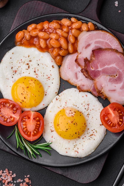 Delicioso café da manhã inglês nutritivo com ovos fritos e tomates