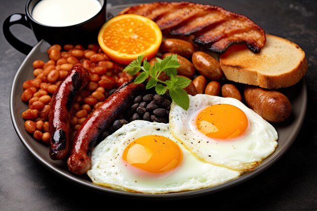 Foto delicioso café da manhã inglês, ovos fritos, salsichas, bacon, morcela, feijão, torradas e chá, perfeitamente cozido e servido em um fundo de concreto cinza gerado por ia