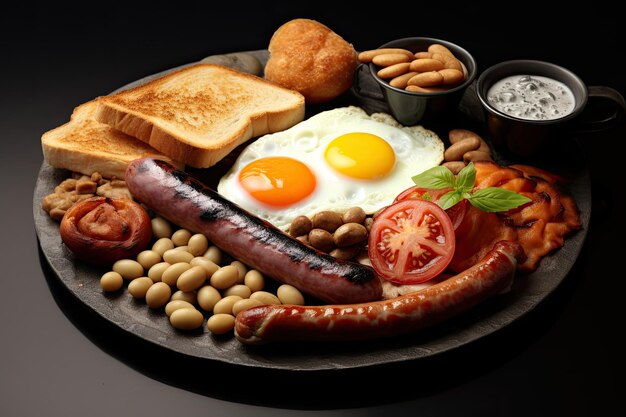 Foto delicioso café da manhã inglês, ovos fritos, salsichas, bacon, morcela, feijão, torradas e chá, perfeitamente cozido e servido em um fundo de concreto cinza gerado por ia