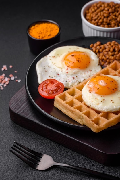 Delicioso café da manhã saudável composto por um waffle belga de ovo frito