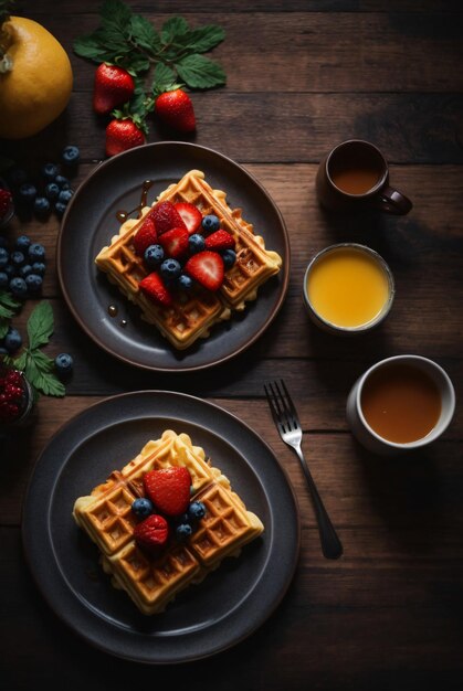 delicioso café da manhã waffle com frutas silvestres na mesa de madeira