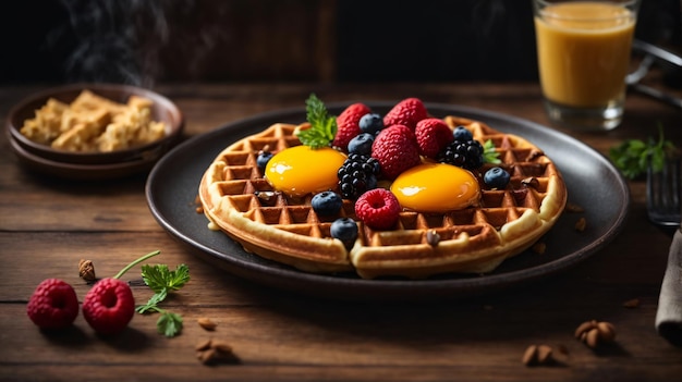 delicioso café da manhã waffle com frutas silvestres na mesa de madeira